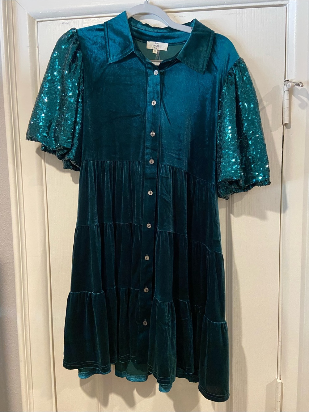 entro Teal Velvet Tiered Dress with Sequin Puff Sleeves